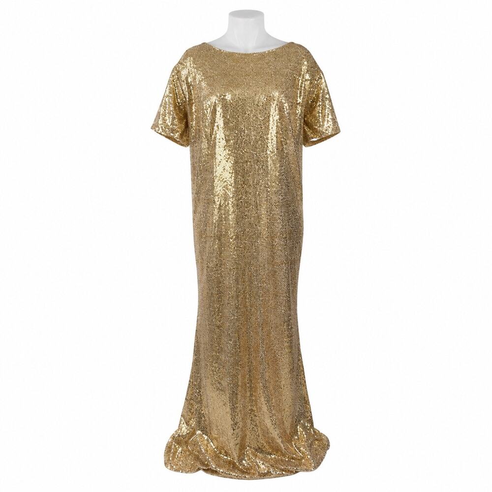 NEW Honey Qiao Sparkly Modest Gold Sequin Short Sleeve Sheath Shift Dress Sz XL